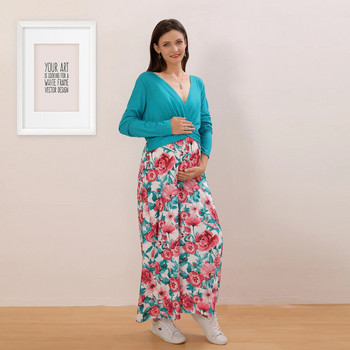 Φθινοπωρινή μόδα Γυναικεία ρούχα εγκυμοσύνης Φόρεμα μάξι εγκυμοσύνης Βαμβακερό μακρυμάνικο λουλουδάτο τύπωμα συνονθύλευμα φόρεμα εγκυμοσύνης