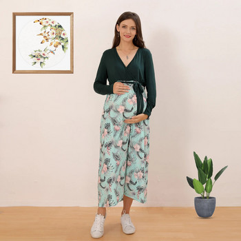 Есенна мода Дамски дрехи за бременни Макси рокля за бременни Памучна рокля за бременни с дълъг ръкав с флорални щампи пачуърк