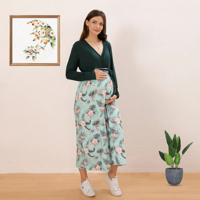 Rudens mode Sieviešu Grūtnieču Apģērbs Grūtnieču Maxi Kleita Kokvilnas garām piedurknēm ar ziedu apdruku, raibs grūtniecības kleita