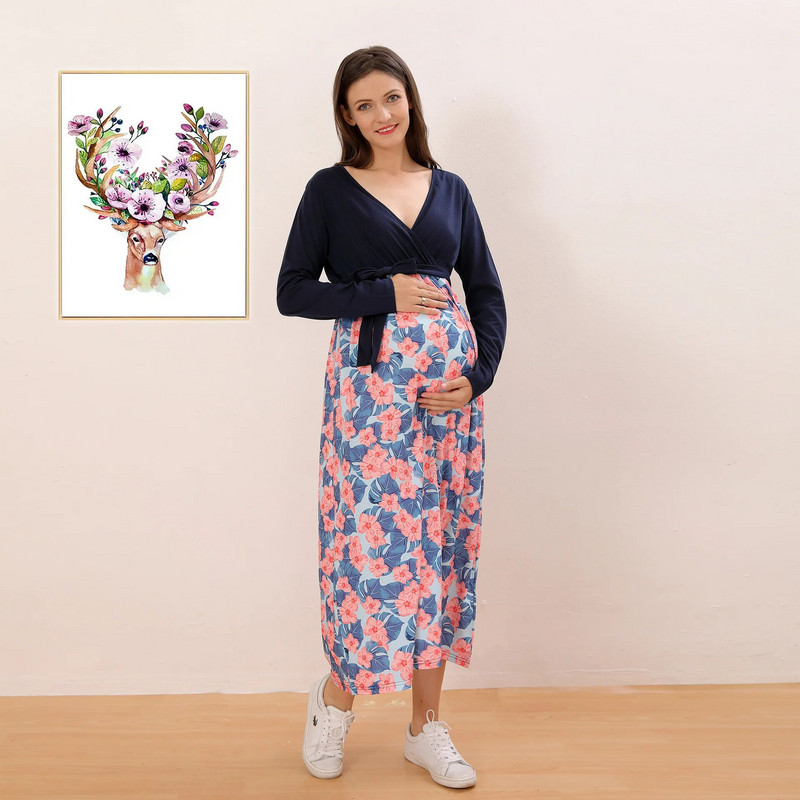 Rudens mode Sieviešu Grūtnieču Apģērbs Grūtnieču Maxi Kleita Kokvilnas garām piedurknēm ar ziedu apdruku, raibs grūtniecības kleita