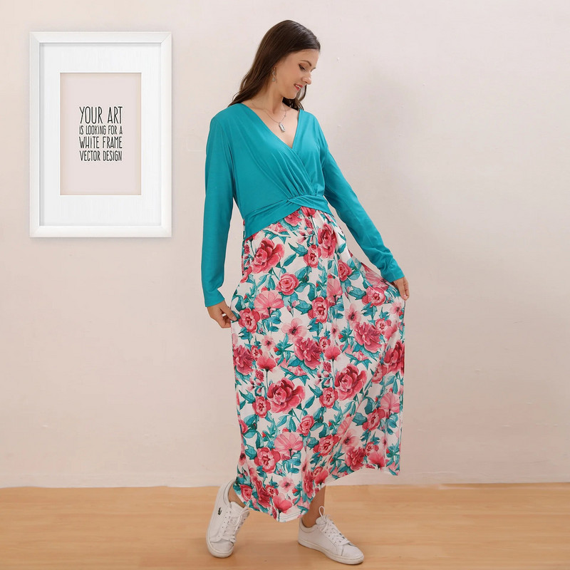 Rudens mode Sieviešu Grūtnieču Apģērbs Grūtnieču Maxi Kleita Kokvilnas garām piedurknēm ar ziedu apdruku, raibs grūtniecības kleita