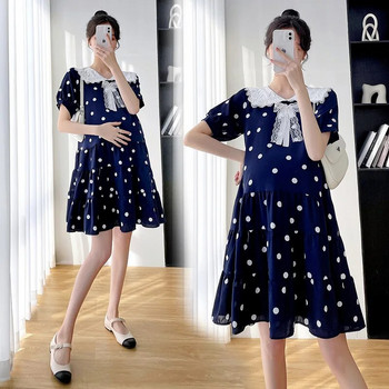 Лятна корейска модна дълга рокля за бременни през 2023 г. Елегантни дрехи с а линия за бременни жени Сладка бременност на точки