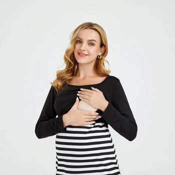 S-3XL Пижама за бременни Дрехи за бременни жени с къс ръкав Раирана рокля за бременни за кърмене