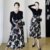 Eleganta, šaura, vidēja izmēra kleita ar garām piedurknēm sievietēm 2023. gada modes, ziedu apdruka, raibveida kleitas ar V kakla izgriezumu