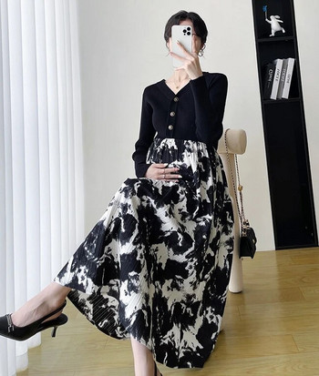 Κομψό μακρυμάνικο λεπτό μίντι γυναικείο φόρεμα 2023 Μόδα με φλοράλ στάμπα συνονθύλευμα V λαιμόκοψη Φορέματα casual