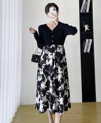 Κομψό μακρυμάνικο λεπτό μίντι γυναικείο φόρεμα 2023 Μόδα με φλοράλ στάμπα συνονθύλευμα V λαιμόκοψη Φορέματα casual