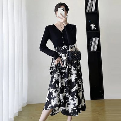 Eleganta, šaura, vidēja izmēra kleita ar garām piedurknēm sievietēm 2023. gada modes, ziedu apdruka, raibveida kleitas ar V kakla izgriezumu