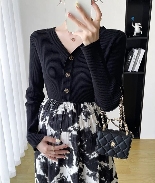 Eleganta, šaura, vidēja izmēra kleita ar garām piedurknēm sievietēm 2023. gada modes, ziedu apdruka, raibveida kleitas ar V kakla izgriezumu