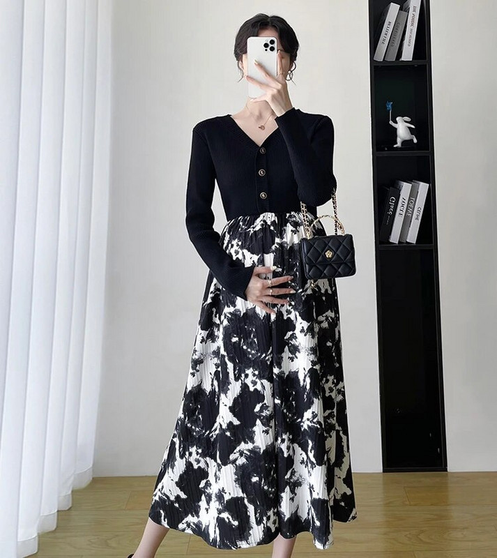 Eleganta, šaura, vidēja izmēra kleita ar garām piedurknēm sievietēm 2023. gada modes, ziedu apdruka, raibveida kleitas ar V kakla izgriezumu