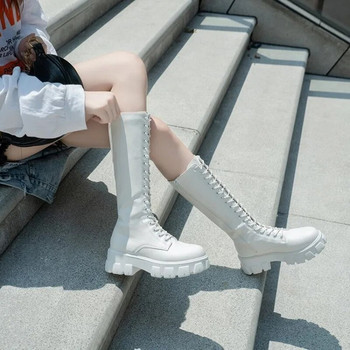 Γυναικείες μπότες μέσης γάμπας με επένδυση Παπούτσια ψηλά στο γόνατο Χειμερινά αθλητικά παπούτσια πανκ στυλ Military Casual Λευκό Μαύρο 2023 Lucury Platform Woman