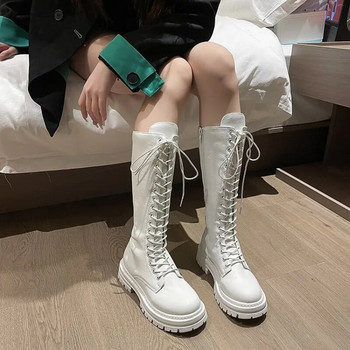 Χειμερινά μακριά γυναικεία παπούτσια για μπότες Λευκό κορδόνι με φερμουάρ Αυξάσιμο Pu Δερμάτινα παπούτσια Λούτρινα Botas Mujer Μεγάλο μέγεθος 35-43
