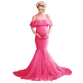 Γοργόνα Φορέματα εγκυμοσύνης για φωτογράφιση Έγκυες Βολάν Φόρεμα εγκυμοσύνης Φωτογραφικά στηρίγματα Off Shoulder Maxi Maternity