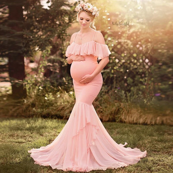 Γοργόνα Φορέματα εγκυμοσύνης για φωτογράφιση Έγκυες Βολάν Φόρεμα εγκυμοσύνης Φωτογραφικά στηρίγματα Off Shoulder Maxi Maternity