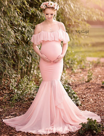 Рокли за бременни с русалка за фотосесия Бременни жени с волани Рокля за бременни Реквизит за снимки с отворени рамене Макси за бременни