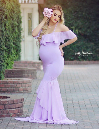 Γοργόνα Φορέματα εγκυμοσύνης για φωτογράφιση Έγκυες Βολάν Φόρεμα εγκυμοσύνης Φωτογραφικά στηρίγματα Off Shoulder Maxi Maternity