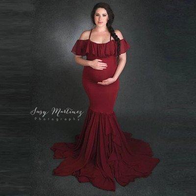 Γοργόνα Φορέματα εγκυμοσύνης για φωτογράφιση Έγκυες Βολάν Φόρεμα εγκυμοσύνης Φωτογραφικά στηρίγματα Off Shoulder Maxi Maternity