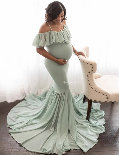 Γοργόνα Φορέματα εγκυμοσύνης για φωτογράφιση Έγκυες Βολάν Φόρεμα εγκυμοσύνης Φωτογραφικά στηρίγματα Off Shoulder Maxi Maternity