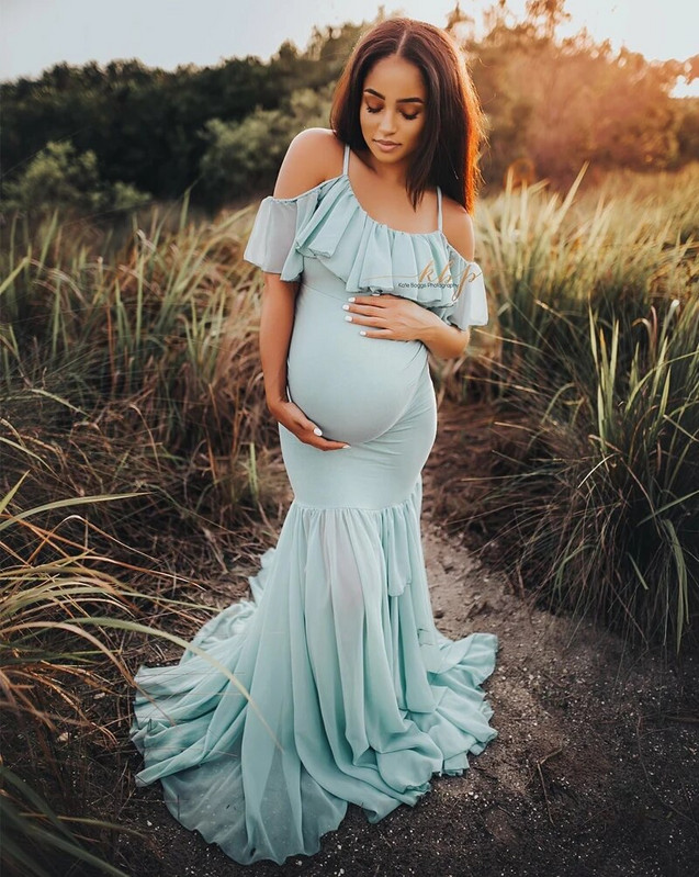 Γοργόνα Φορέματα εγκυμοσύνης για φωτογράφιση Έγκυες Βολάν Φόρεμα εγκυμοσύνης Φωτογραφικά στηρίγματα Off Shoulder Maxi Maternity