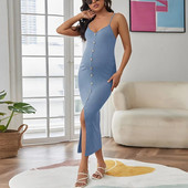 Ženska trudnička haljina, ležerna plava haljina s v-izrezom i naramenicama bez rukava za trudnice