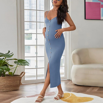 Дамска рокля за бременни Ежедневна синя рокля с v-образно деколте и презрамки без ръкави за бременни дрехи