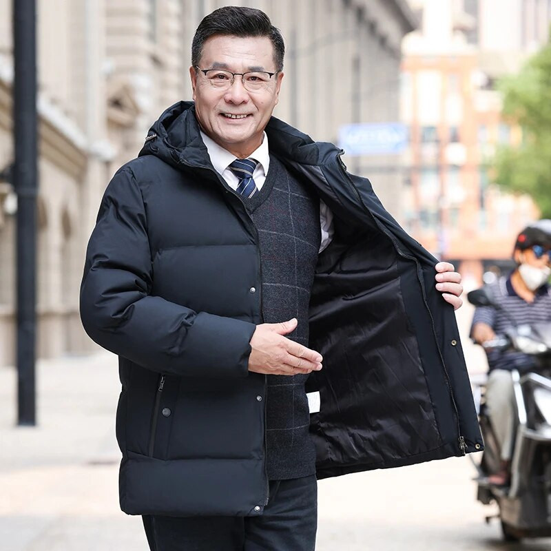 Pusmūža vīriešu dūnu jaka ar ziemas kapuci, 2023. gada jauns zīmols ikdienas biezs, silts balts pīļu dūnu mētelis vīriešiem, melns parks, augstas kvalitātes