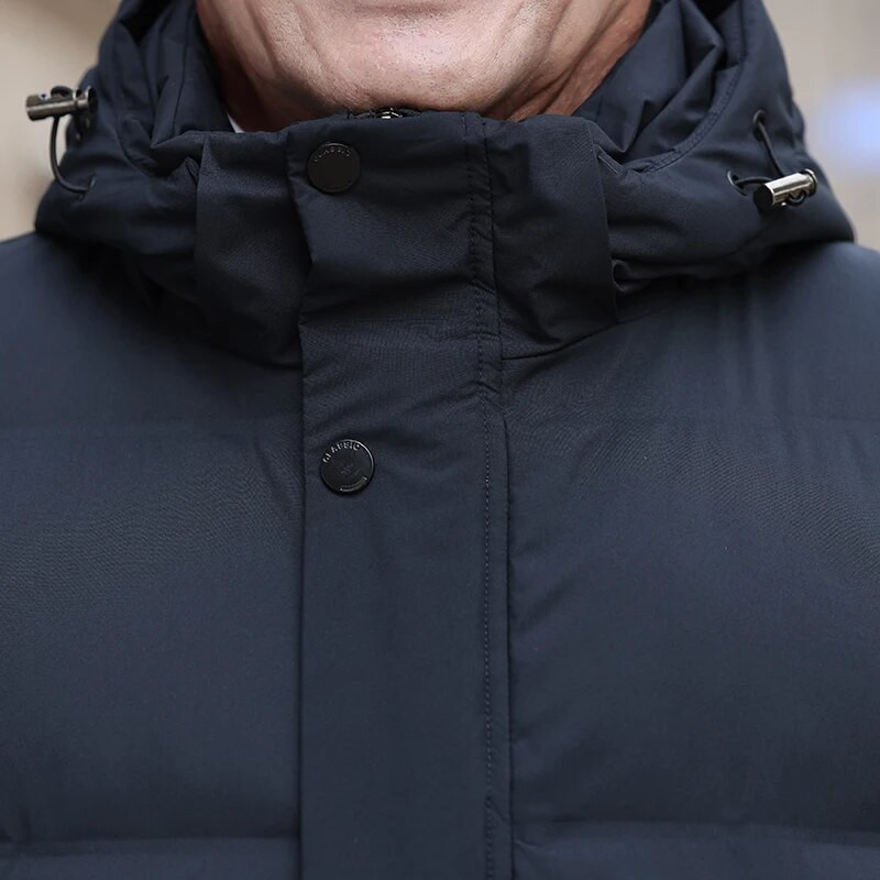 Pusmūža vīriešu dūnu jaka ar ziemas kapuci, 2023. gada jauns zīmols ikdienas biezs, silts balts pīļu dūnu mētelis vīriešiem, melns parks, augstas kvalitātes