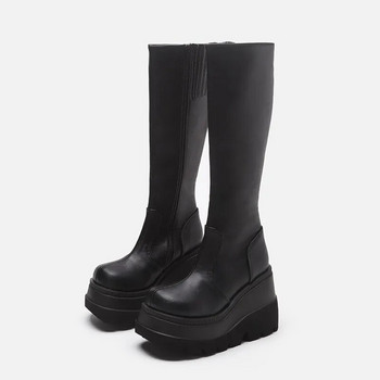 Μόδα Γυναικείες μπότες μεσαίου σωλήνα με σφηνοτάκουνα Γυναικείες μπότες σε γοτθικό στυλ Χοντρό σόλα για μοτοσυκλέτα Knight Boots Λεπτές ψηλές πλατφόρμες Cowboy