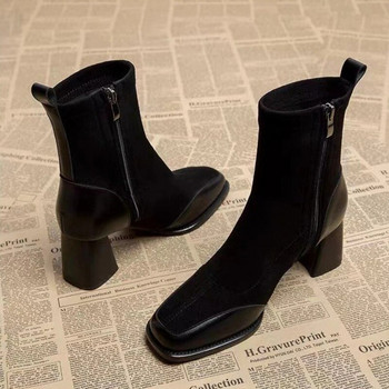 2023 Дамски обувки Плътни дамски ботуши с квадратни пръсти Тенденция на открито Къси ботуши на тръба Квадратни обувки с цип и високи токчета