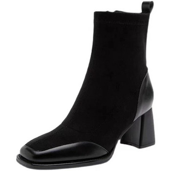 2023 Дамски обувки Плътни дамски ботуши с квадратни пръсти Тенденция на открито Къси ботуши на тръба Квадратни обувки с цип и високи токчета