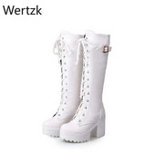 Vruća rasprodaja Proljeće Jesen Visoke čizme na vezanje do koljena Ženske modne bijele ženske kožne cipele sa kvadratnom petom Zimske PU velike veličine 43