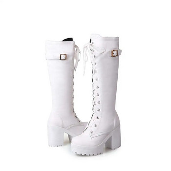 Гореща разпродажба Пролет Есен Високи ботуши с връзки до коляното Дамски модни бели дамски кожени обувки с квадратен ток Зимни PU Големи размери 43