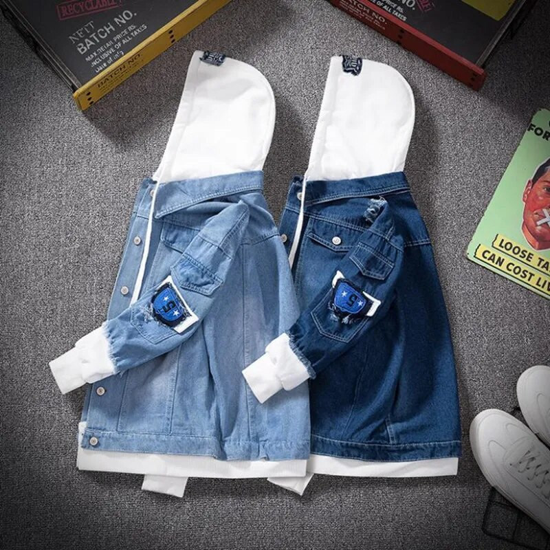 Ανδρικό τζιν μπουφάν με κουκούλες μεγάλου μεγέθους Γυναικεία μπουφάν Hip hop Ανεμοδράστες Jean Ανδρικά παλτό με κουκούλα Streetwear Χειμερινό φθινόπωρο Ανδρικό μπουφάν