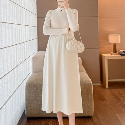 Grūtnieču masīva trikotāžas kleita 2023. gada rudens ziemai Jaunas drēbes grūtniecēm, pusaugstas apkakles, slaidas grūtniecības džemperkleitas