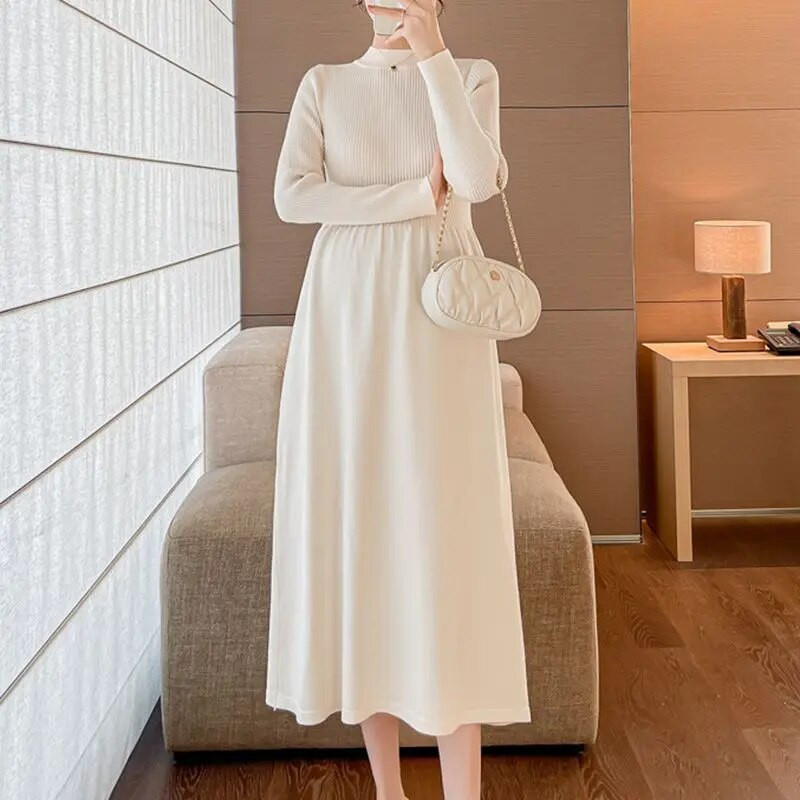 Grūtnieču masīva trikotāžas kleita 2023. gada rudens ziemai Jaunas drēbes grūtniecēm, pusaugstas apkakles, slaidas grūtniecības džemperkleitas