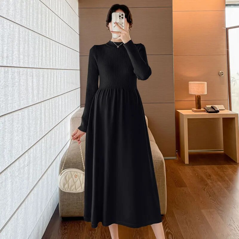 Grūtnieču masīva trikotāžas kleita 2023. gada rudens ziemai Jaunas drēbes grūtniecēm, pusaugstas apkakles, slaidas grūtniecības džemperkleitas