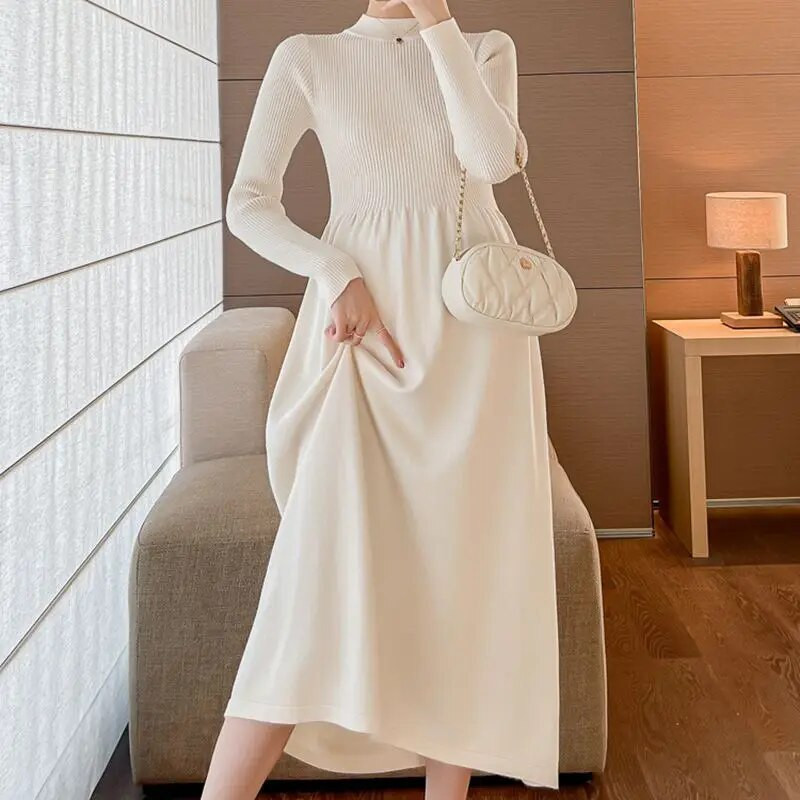 Grūtnieču masīva trikotāžas kleita 2023. gada rudens ziemai Jaunas drēbes grūtniecēm, pusaugstas apkakles, slaidas grūtniecības džemperkleitas