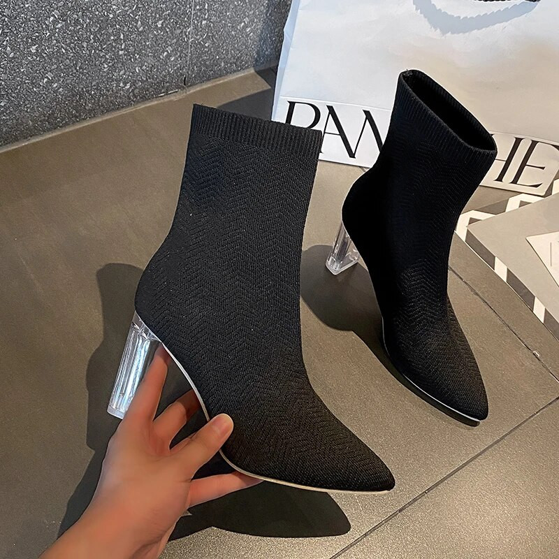 Χειμώνας 2023 Γυναικείες κάλτσες Μπότες Γυναικείο ελαστικό ύφασμα ελαστικό στιλέτο Τακούνι Pointy Booties Γυναικεία παπούτσια Boat shoes