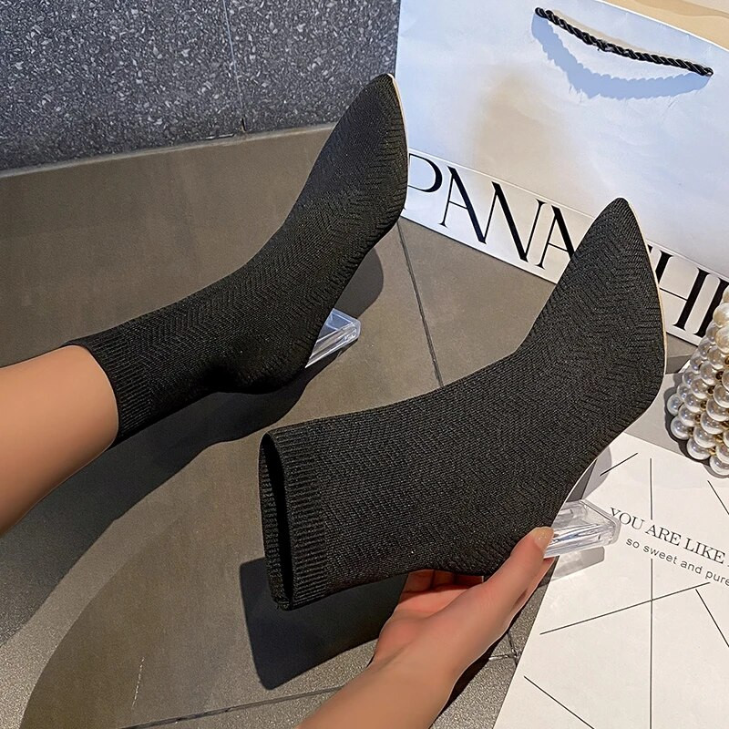 Χειμώνας 2023 Γυναικείες κάλτσες Μπότες Γυναικείο ελαστικό ύφασμα ελαστικό στιλέτο Τακούνι Pointy Booties Γυναικεία παπούτσια Boat shoes