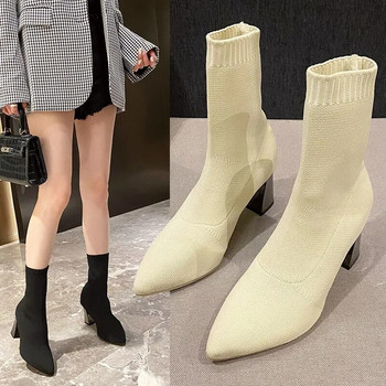 2022 Νέες φθινοπωρινές χειμερινές χοντρές ψηλοτάκουνες μπότες λεπτές και λεπτές γυναικείες μπότες με μυτερό μεσαίο ελαστικό κάλτσες Γυναικείες μπότες