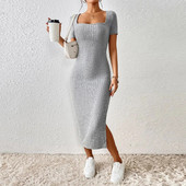 Rib Knit Rasedate vabaajakleit ruudu kaelusega rasedatele mõeldud riided naiste moe jaoks, poolitatud küljega rasedus, riided, õhukesed kleidid