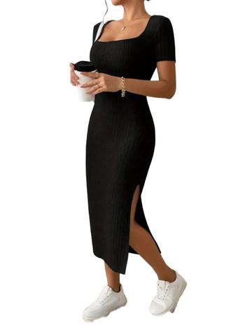 Ежедневна рокля за бременни с ребра с квадратно деколте Дрехи за бременни за дамска мода Облекло за бременни с разделени страни Тънки рокли