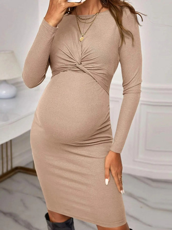 Плетена рокля за бременни за бременни Дамска есенно-зимна рокля с дълъг ръкав Едноцветни ежедневни дрехи за бременни Облекло за майки