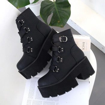 Gdgydh Γυναικείες μαύρες μπότες πλατφόρμας Άνετα με αγκράφα με στρογγυλά δάχτυλα Μονόχρωμο μονόχρωμο χοντρό τακούνι Μπότες μεσαίας γάμπας σε γοτθικό στυλ