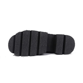 Gdgydh Дамски черни ботуши на платформа Удобни каишки с катарама с кръгли пръсти Едноцветни ботуши с едри токчета Готически стил