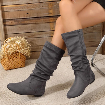 Φθινοπωρινά χειμερινά νέα πλακέ παπούτσια για γυναικεία γυναικεία φερμουάρ στο πλάι Γυναικείες ψηλές μπότες μηρού Vintage casual γυναικείες μπότες ιππασίας