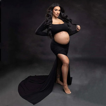 Секси разделени рокли за бременни Реквизит за фотография Дълга дамска рокля за снимане на бременни за цял ръкав Рокля за фотосесия на бременни