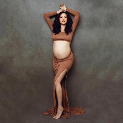 Seksīgas, sadalītas grūtnieču kleitas, fotografēšanas rekvizīti, gara sieviešu kleita grūtniecības fotografēšanai ar pilnām piedurknēm Grūtnieču fotosesijas kleita