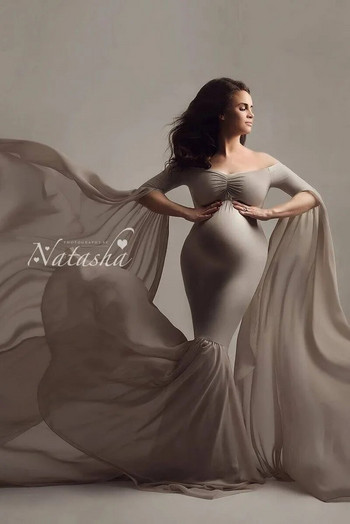 Σέξι φόρεμα μητρότητας χωρίς ώμους Μακρύ φόρεμα για έγκυες γυναίκες Φανταστικό φόρεμα εγκυμοσύνης Elegence Maxi gown Φωτογραφία