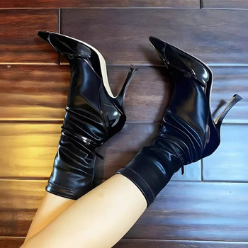 Дамски обувки на висок ток, есенни нови ботуши с тънък ток и среден прасец с пръсти за жени Секси модни дамски еластични ботуши от изкуствена кожа