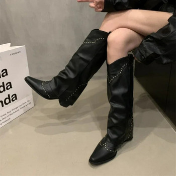 Обувки Дамски 2023 Висококачествени дамски ботуши Модни парти ботуши с нитове Дамски секси ботуши с остри пръсти Високи до коляното Zapatos